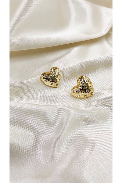 Eylülün Takısı Gold Colored Stoned Heart Women's Earrings