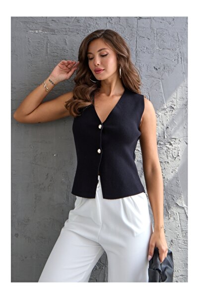Elif Özbey Butik Black Premium Two-Button Knitwear Vest