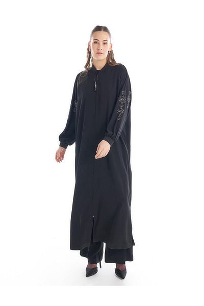 Kayra Black Hotfix Printed Crew Neck Top Coat