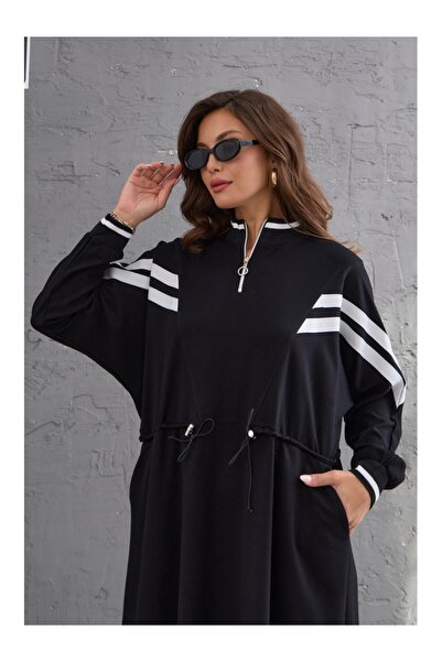 Elif Özbey Butik Černé rukávy zdobené pasu shromážděné šaty