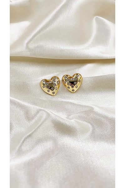 Eylülün Takısı Gold Colored Stoned Heart Women's Earrings