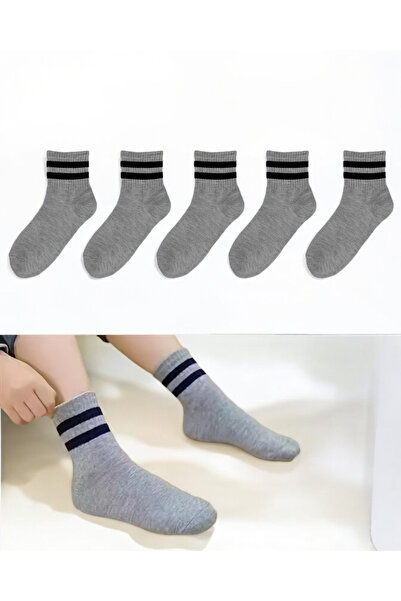 Çorabistaan 5 Çift Gri Çemberli Unisex Kız Erkek Çocuk Kolej Tenis Çorap