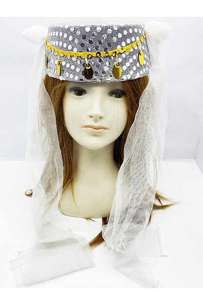 CEKAVE White Veiled Gold Sequin Embroidered Henna Mesh Henna Hat Oriental Hat