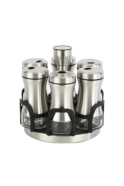 Vitale 6-Piece Silver Glass Spice Rack Set - Chrome with Rotating Stand