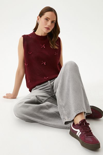 Ritnice Women's Bow Claret Red Knitwear Sweater