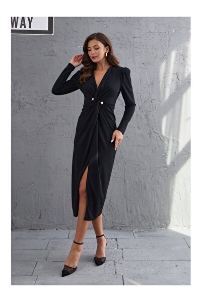 Elif Özbey Butik Rochie căptușită cu accesorii de perle negre