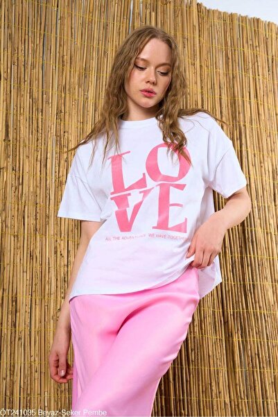 Ravencia Жіноча футболка з принтом Love, 100% бавовна, оверсайз, рожево-біла