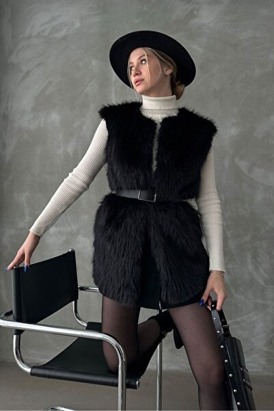 Caddebostan Moda Black Feather Long Fur Stylish Premium Luxury Trend Special Design Women's Vest