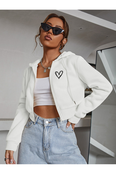 Fun Fashion Cardigan crop oversize cu glugă cu imprimeu alb pentru femei