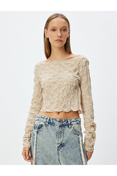 Koton Μακρυμάνικο Crop T-Shirt με υφή - Boat Neck Wrap