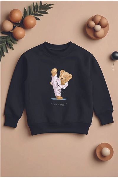 Pelna Trend Model Teddy Bear Printed Cotton Black Children's Sweatshirt