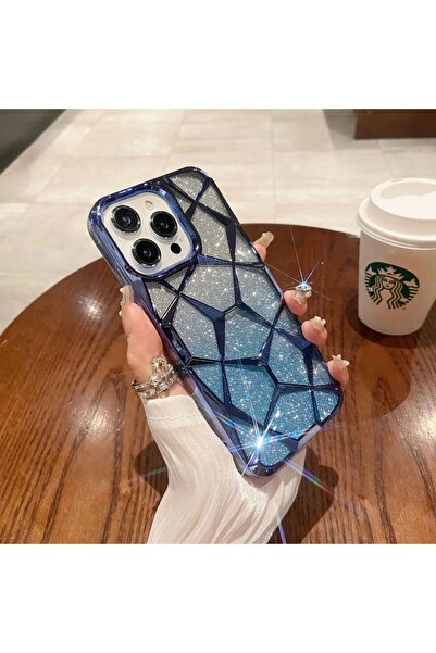 DGN İphone 15 Pro Kılıf Baklava Desenli Silikon İçi Pırıltılı Pullu Simli Ren...