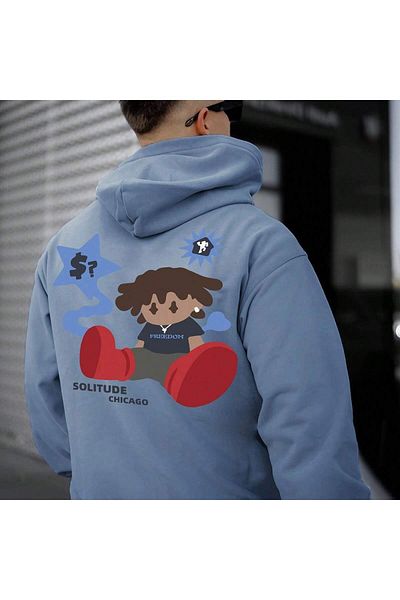 aynewmoda Hanorac cu glugă supradimensionat albastru Solitude Chicago - imprimat față și spate