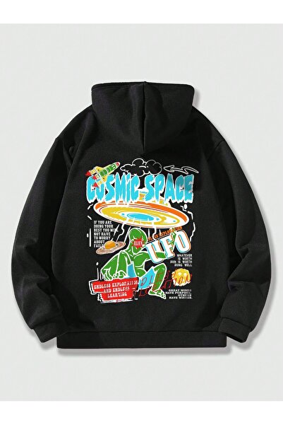 DİSCOST Alien ufo front back printed black oversized hooded zippered sweatshi...