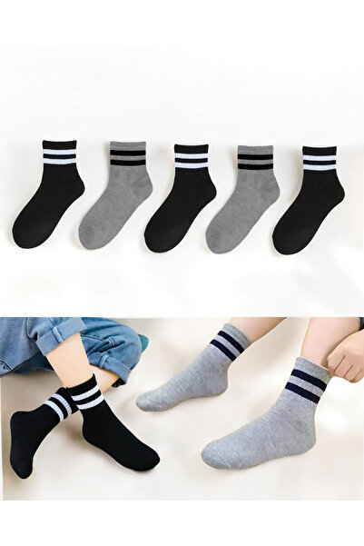 Çorabistaan 5 Çift Siyah Gri Çemberli Unisex Kız Erkek Çocuk Kolej Tenis Çorap