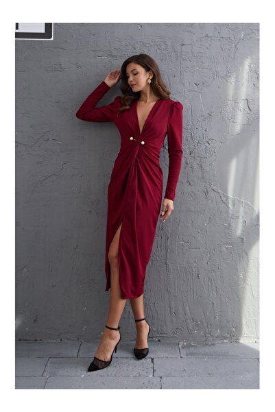 Elif Özbey Butik Vínové perleťové vystužené šaty