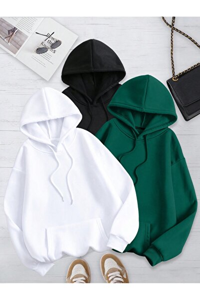 Fun Fashion طقم سويت شيرت بقلنسوة سميك أساسي للجنسين مكون من 3 قطع