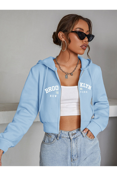 Fun Fashion Women's Baby Blue Brooklyn Printed Hooded Oversize Crop Cardigan