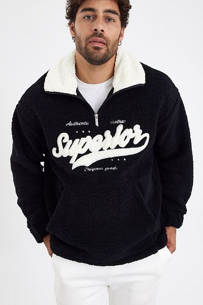 MADZEYMODA Мъжки суитшърт с половин цип, черен, плюшен, Mz81006