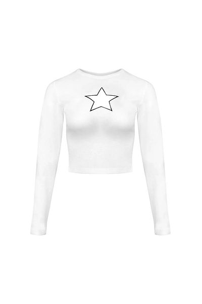 Gofeel Harajuku Star Print See-Through Detail Long Sleeve White Crop Top Blouse
