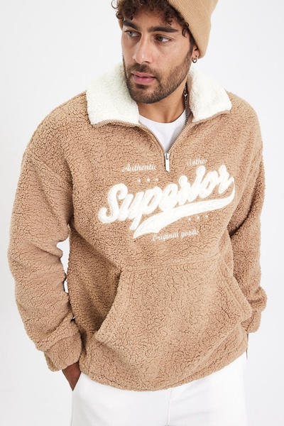 MADZEYMODA New Season Ανδρικό μισό φερμουάρ Λεπτομερές μπεζ βελούδινο φούτερ Mz81006