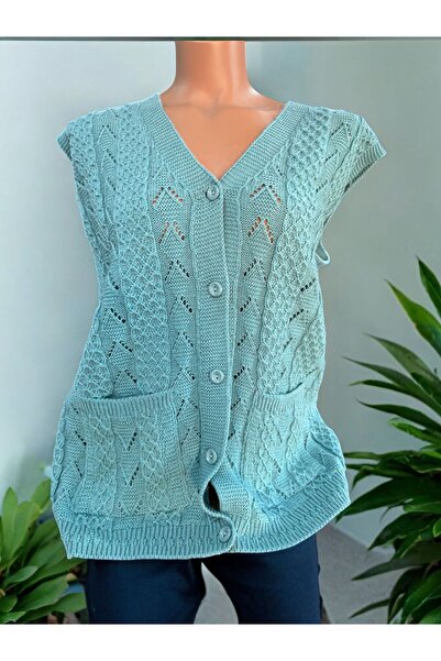 TUTUYA TEXTIL Houndstooth Knitted Dowry Casual Pocketed Knitwear Mother's Vest Winter Seasonal Vest