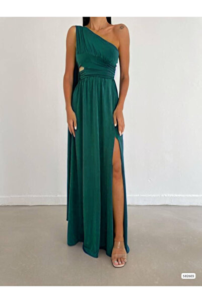 mavi pencere Tek Omuz pelerin detaylı, Bel dekolteli Uzun Yeşil abiye elbise,...