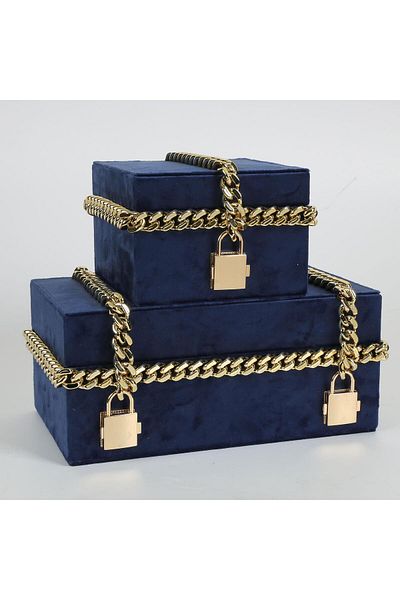 CREARTHOME Dark Blue 2-Piece Object Velvet Box with Gold Chain Detail - Ak.Jr0014