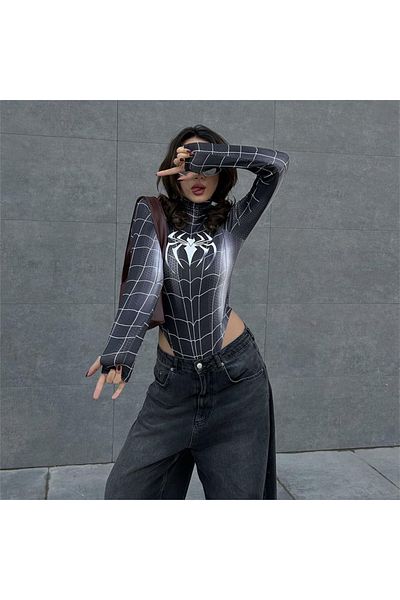 Gofeel Black Spider Snap Fastener Long Sleeve Bodysuit
