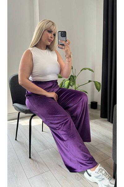 Butik Nilyam Pantaloni de trening din catifea cu talie înaltă, cu picioare largi, pentru femei, 24603