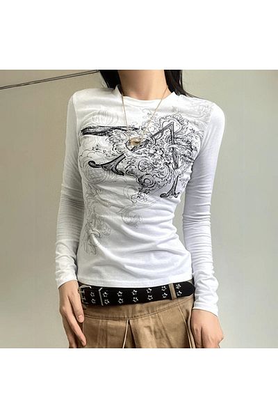 Gofeel Λευκό Vintage Punk μακρυμάνικο Crop - Harajuku