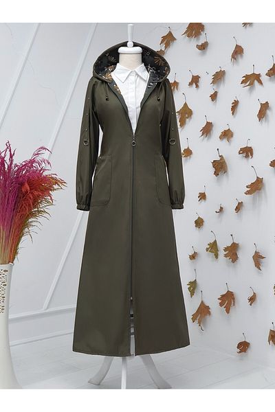 Modamorfo Detaillierter Trenchcoat mit Reißverschluss und Kapuze aus Metall – Khaki