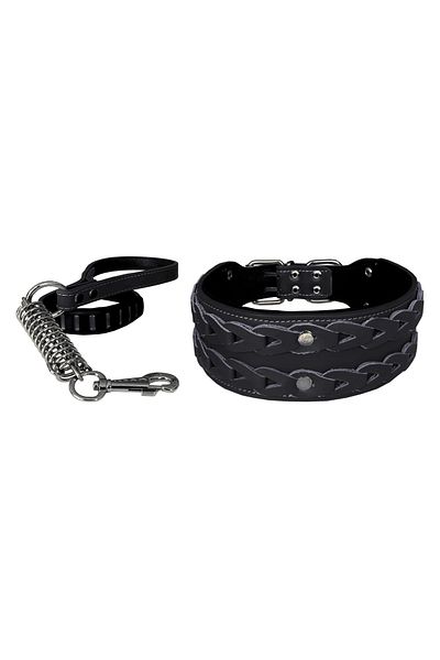 Angoravi Leather Embroidered Luxury Dog Collar Set XL 7 Cm*60-68 cm Black