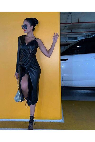 1Moda1Tarz Rochie de damă neagră din piele importată cu detaliu din dantelă, căptușită cu design special