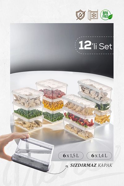 Vienev 12 Clear Storage Containers - 6X(1,5-1,4 Lt) Block Refrigerator and Deep Freezer