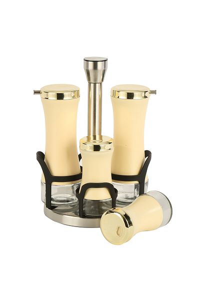 Vitale Mustard Colored Salad and Pepper Bottle Sauce Set with Rotating Stand