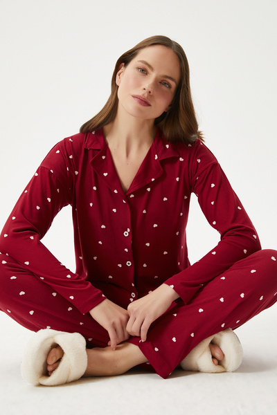 Ritnice Kadın Sweety Extra Soft Bordo Kalpli Pijama Takımı
