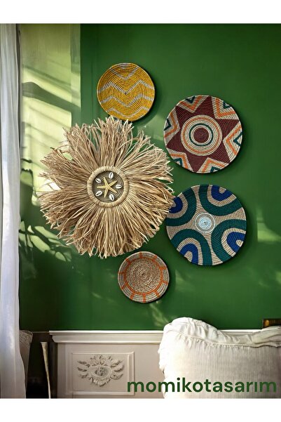 MOMİKO TASARIM 5Lİ BOHEM EL YAPIMI HASIR DUVAR TABAĞI SETİ - ETNİK