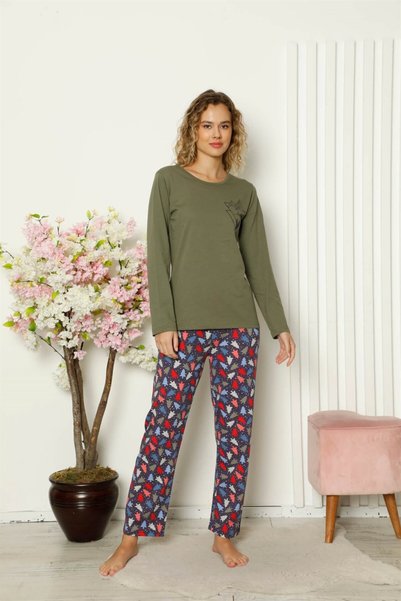 Mestore Fashion Line Women Combed Cotton Long Sleeve Pajamas Suit 4101