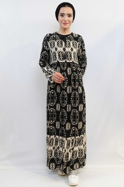 Mestore Fashion Stripe Daisy Pattern Dress Black