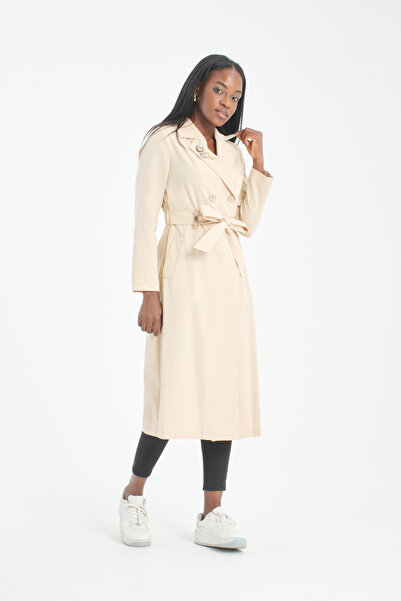 Soydan Güner Astarsız Su Geçirmez Kırışmaz Ara Boy Yazlık Trençkot Krem 7620