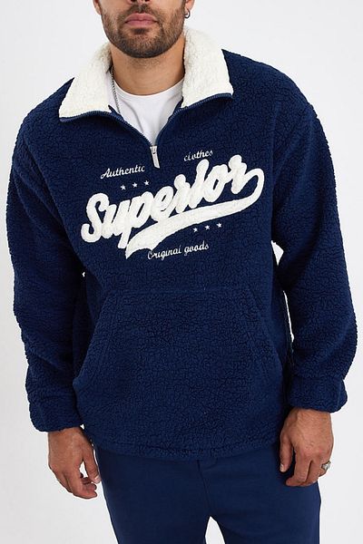 MADZEYMODA Мъжки суитшърт с половин цип, тъмносин, плюшен, за нов сезон, Mz81006