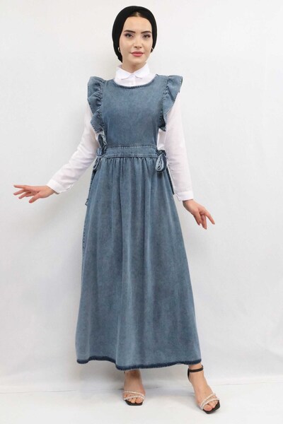 Mestore Fashion line ruffled salopet jeans dress dark blue