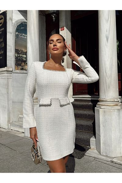 1Moda1Tarz Γυναικείο φόρεμα μίντι με λευκό γιακά και πέτρα τσέπης με ειδική επένδυση