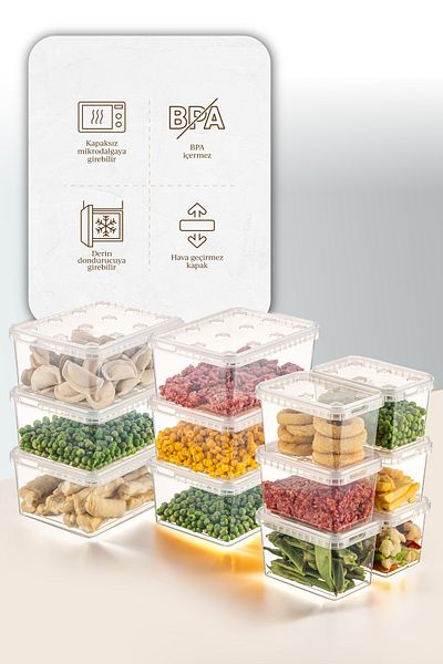 Vienev Set of 12 Clear Block Refrigerator and Deep Freezer Leak Proof Storage - 1.5-0.7 Lt