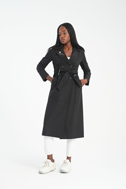 Soydan Güner Astarsız Su Geçirmez Kırışmaz Ara Boy Yazlık Trençkot Siyah 7620