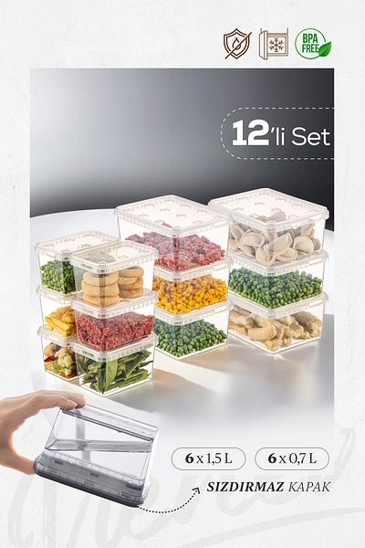 Vienev Set of 12 Clear Block Refrigerator and Deep Freezer Leak Proof Storage - 1.5-0.7 Lt
