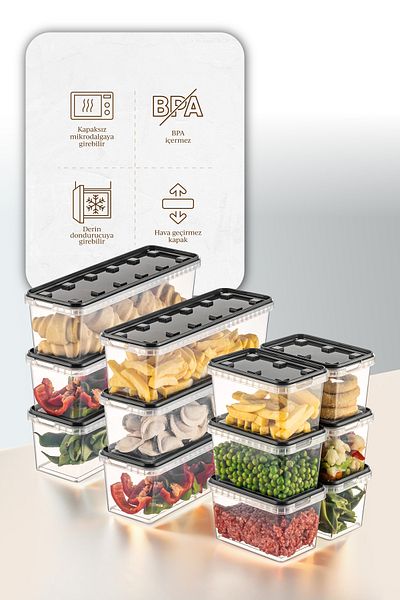 Vienev 12-Piece Transparent Anthracite Block Refrigerator and Freezer Leak-Proof Storage Container