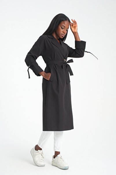 Soydan Güner Su Geçirmez Kırışmaz Astarsız Ara Boy Yazlık Trençkot Siyah 7260