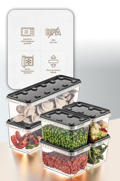 Vienev 6-Pack Clear Anthracite Block Refrigerator and Deep Freezer Storage Container - 1.4 Lt/0.7 Lt